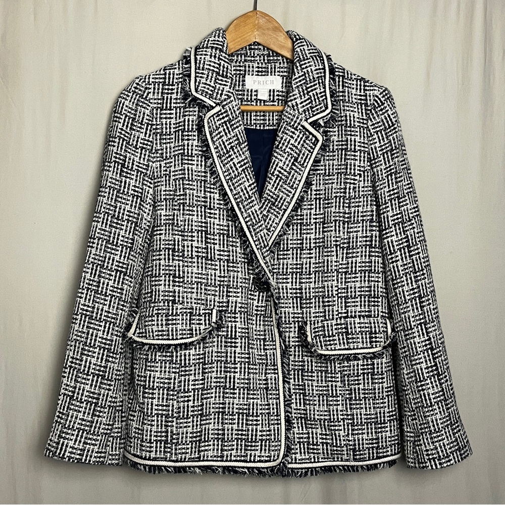 PRICH Tweed Blazer Jacket Navy Cream Fringe Trim Tailored • Size Small